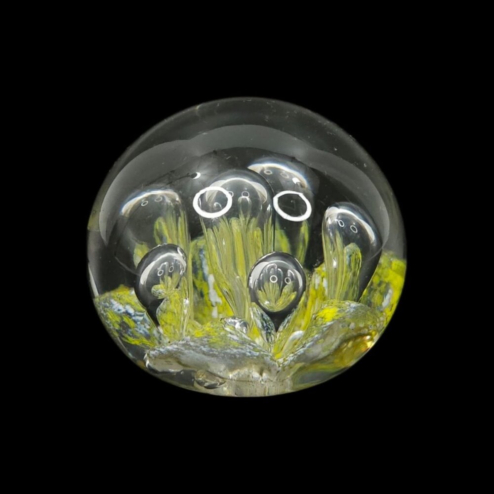 Art Glass Paperweight Controlled Bubbles Vintage Sphere Ball Yellow Floral